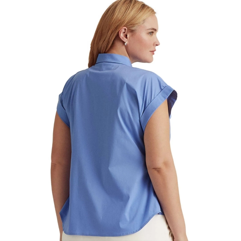 LAUREN RALPH LAUREN SHIRRED BUTTON DOWN TOP, BLUE 12 - Picture 2 of 13